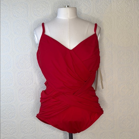 Gottex | Lattice V-Neck Criss Cross Ruched  One Piece Bathing Suit, Size 18 NWT - Picture 2 of 16